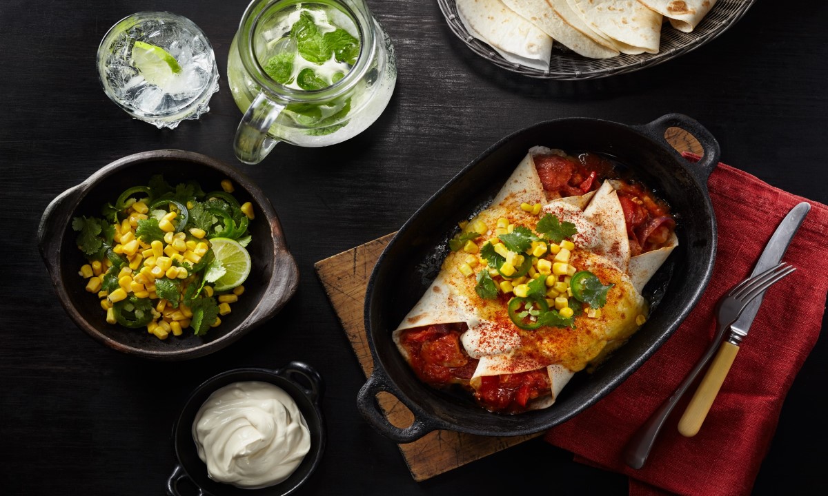 Chorizo and Chicken Enchiladas with Sour Cream and Sweetcorn Salsa