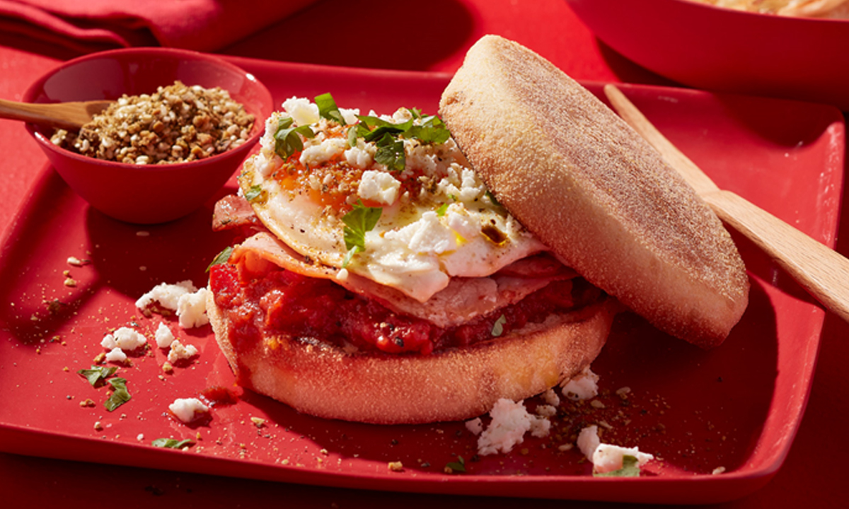 English Muffin with Smoked Ham, Egg, Shakshuda, Feta & Dukkah